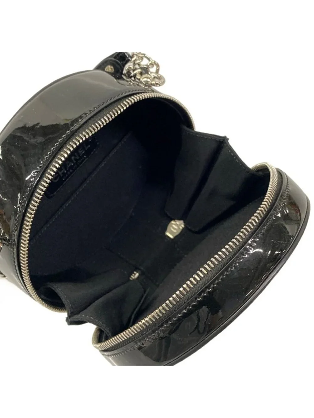 Chanel Shoulder Bag Silver Black 2-Way Chain Round Leather